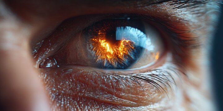 Extreme close-up of a human eye with a fiery, glowing iris and reflections