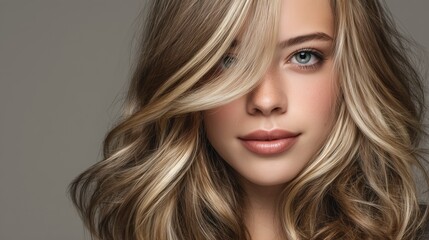 Naklejka premium A young woman with whipped cappuccino hair color, soft creamy brown base with airy light beige highlights, bold face-framing money piece in warm vanilla blonde, glossy voluminous blowout