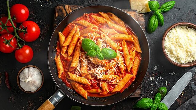 A delicious pan of penne pasta with tomato sauce and fresh basil leaves