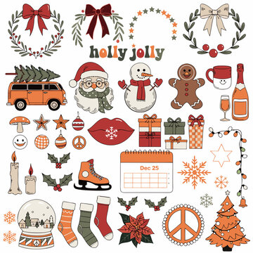 Retro Groovy Christmas Vector Clip Art Bundle Boho Holiday Icons & Winter Elements.