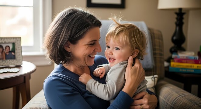 Happy mother holding and laughing with baby