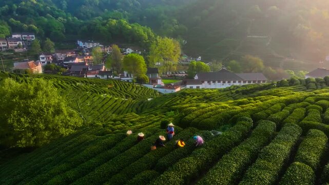 Tea-Picking in a Picturesque Village Surrounded Plantation