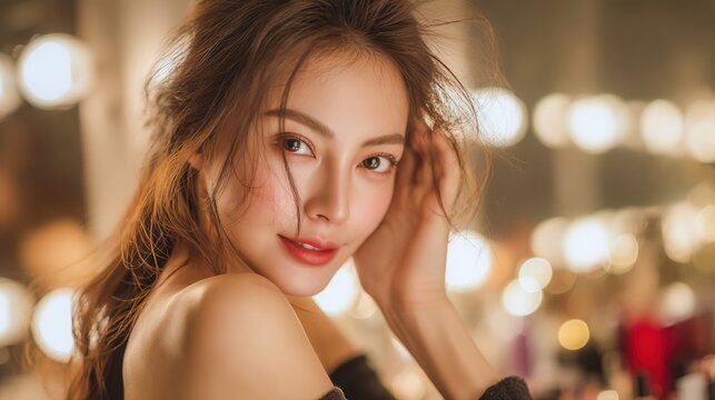 Beautiful young woman with soft makeup and flowing hair, looking alluringly at the camera