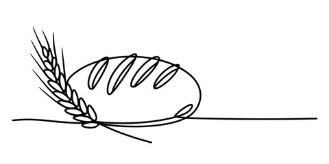 Minimalist continuous line drawing of a rustic loaf of bread paired with a stalk of golden wheat Vector, illustration © Bobita