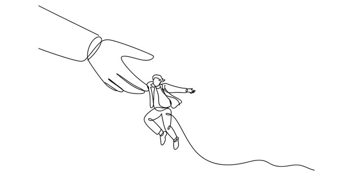 A single continuous line drawing of a giant hand reaching down to save a small falling person. Vector, illustration