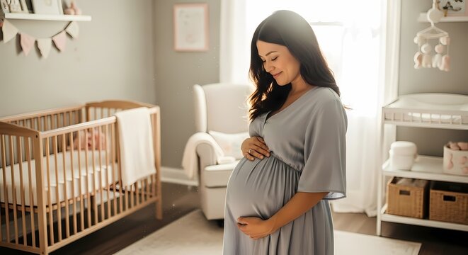 Pregnant woman standing in nursery preparing for baby