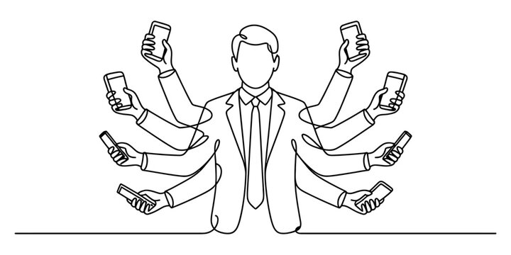 A continuous line drawing illustration of a busy businessman multitasking with many smartphones.