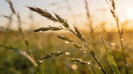 Obraz premium Generative Ai capturing dewdrops on a wheat stalk in warm dawn light