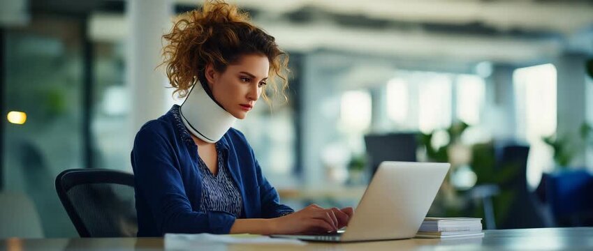 Professional wearing a neck brace works on a laptop, injury recovery, workplace health