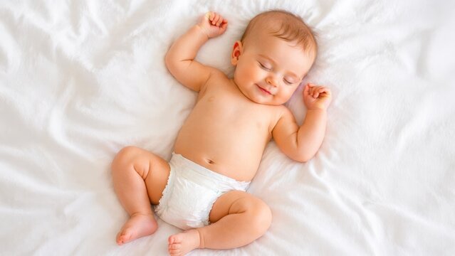 Peaceful sleeping baby lying on white bed top view newborn child rest concept