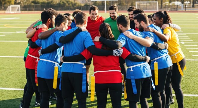 Diverse young adults in a huddle during a co-ed flag football game on a sunny sports field