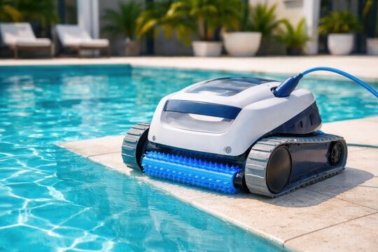 Robotic pool cleaner vacuuming water in modern backyard swimming pool