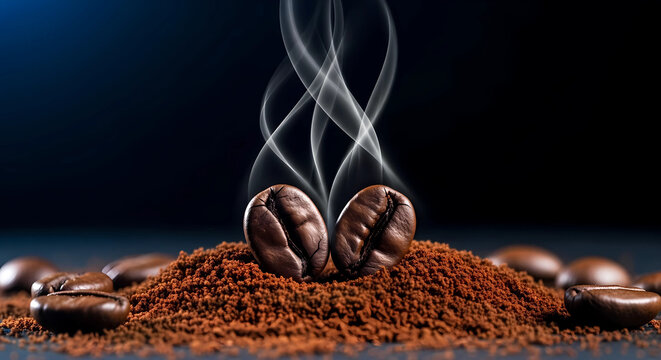 Two roasted coffee beans with rising steam on ground coffee against a dark background