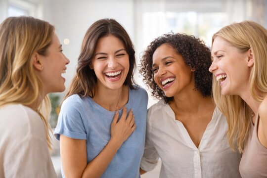 Multicultural group of women laughing and bonding together indoors lifestyle concept