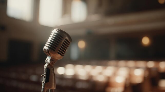 Old-fashioned microphone on a stand in a dimly lit room with rows of empty chairs in the background. the microphone is silver in color and appears to be made of metal.