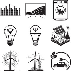 Fototapeta premium Black and white of smart home technology, renewable energy, and appliances msea set