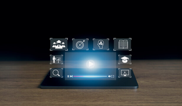 ablet showing virtual online learning interface with multimedia icons, digital education concept, e-learning platform, knowledge, and modern technology