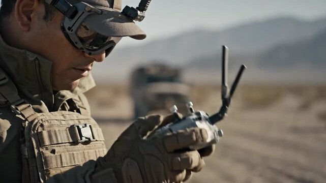 A man in military-style camouflage clothing holding a drone control panel in his hands. He is wearing a jacket, gloves and goggles.