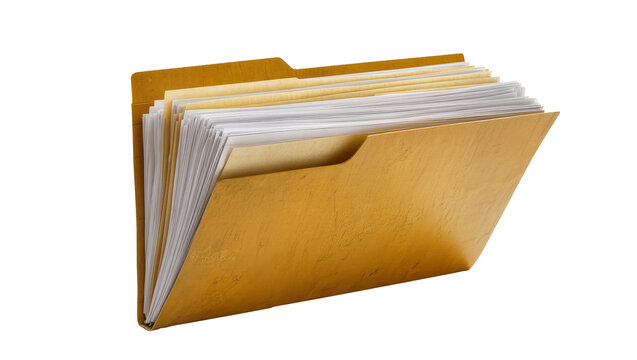 Brown paper file folder full of white sheets of paper