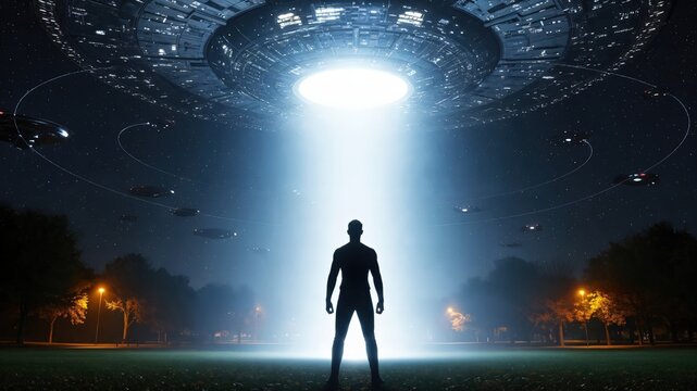 Man standing under a massive alien spaceship beam in a park, cinematic first contact encounter