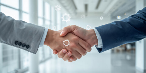 businessmen shaking hands in an office, gear symbol
