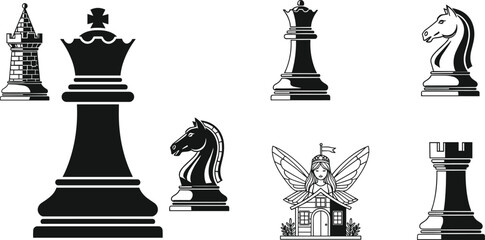 Chess pieces illustration set with fantasy elements, king queen rook knight icons, strategy board game collection, black and white vector © MDRAKIB