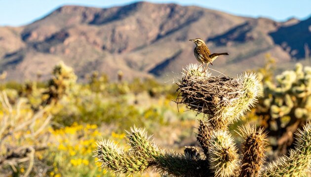 Cactus wren perched on cholla skeleton in desert mountain landscape