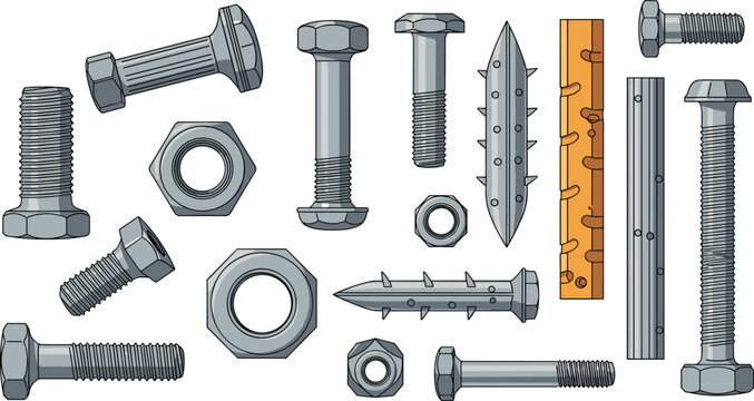Realistic bolts nuts screws and construction fasteners set, industrial hardware components, mechanical engineering tools, detailed vector illustration collection