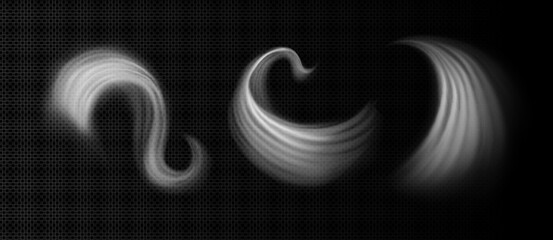 Dynamic wind effect with flowing white air streams and swirling motion, realistic vector set isolated on transparent. Natural breeze or smoke vortex spin, spiral whirlwind trails © klyaksun