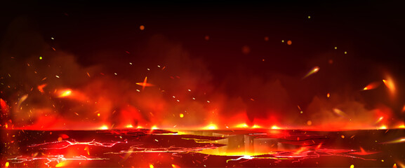 Plakat Hell landscape with hot lava streams in burning ground cracks. Vector realistic illustration of red volcanic magma effects, fire sparks and flame on damaged stone land, adventure game background