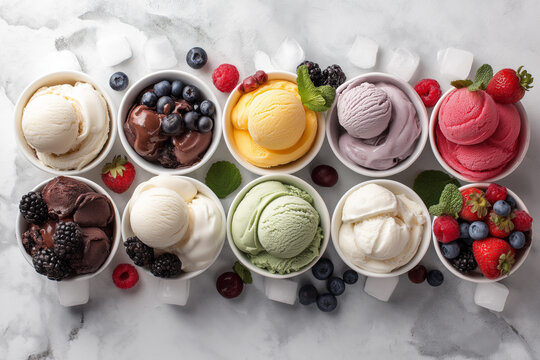 Flat lay composition of various ice cream flavors in bowls with fresh fruits and toppings arranged symmetrically on a light marble surface