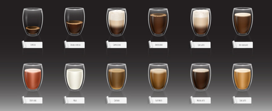 Realistic set of glasses with coffee types and names on dark background. Vector illustration of cups with latte, espresso, americano, cappuccino, cortado, milk and hot chocolate, cafe menu banner