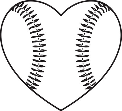 A simple black and white line art illustration of a baseball shaped into a symmetric heart form isolated on white background