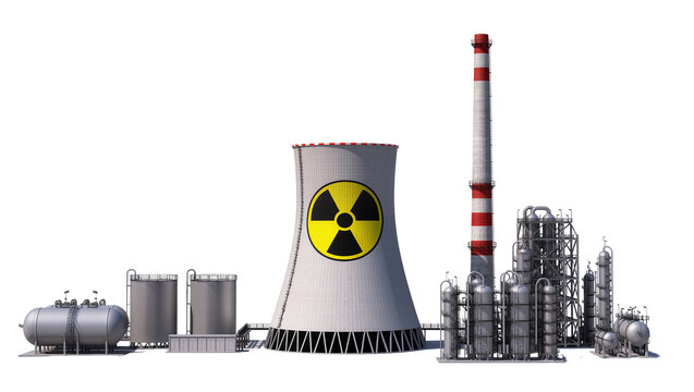 Large Nuclear Power Plant Complex with Cooling Tower and Radiation Symbol