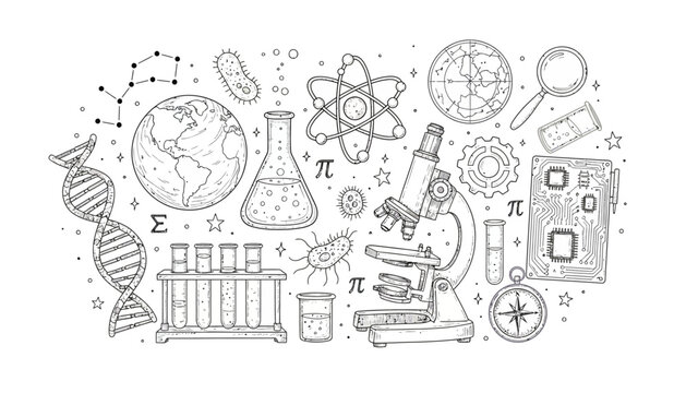 Science equipment icons including a microscope and DNA strand are arranged in a detailed hand-drawn sketch on a clean white background.