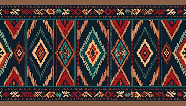 Vibrant geometric tribal pattern on traditional handcrafted textile background