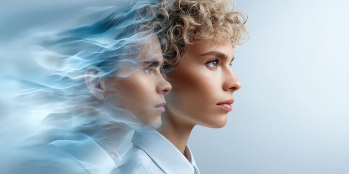 Dual profile portraits of a man and woman merging with ethereal blue smoke effects