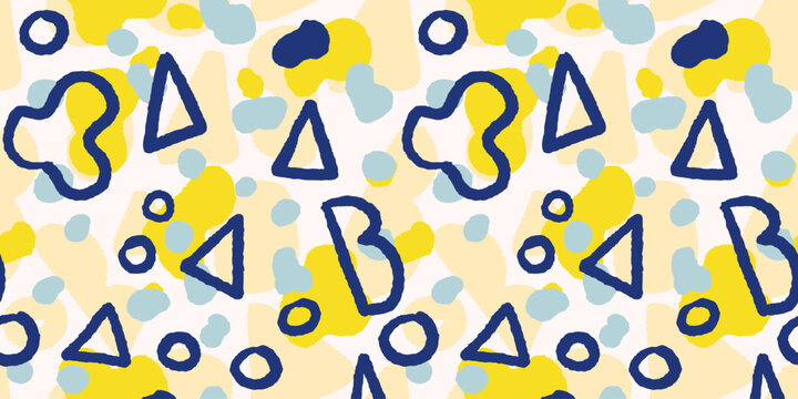 Seamless abstract pattern with hand drawn geometric shapes in blue, yellow, and beige. Playful modern design ideal for textiles, packaging, stationery, and creative backgrounds