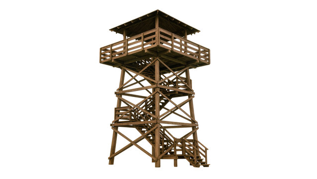 Rustic wooden fire lookout tower with staircase and railing