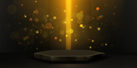 Hexagonal podium and golden light on black background. Vector realistic illustration of luxury product presentation stage with magic shimmering particles in air, winner award pedestal, casino banner © klyaksun