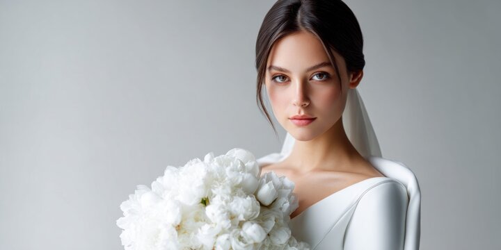 Elegant bride in white dress holding a bouquet of white peonies, soft studio lighting