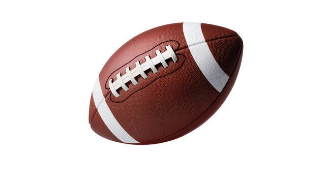 Brown leather American football with white stripes and laces
