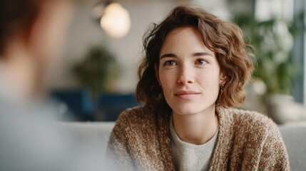 Fototapeta premium Close-up portrait of a young woman sitting on a couch. she has shoulder-length curly hair and is wearing a brown cardigan over a white t-shirt.