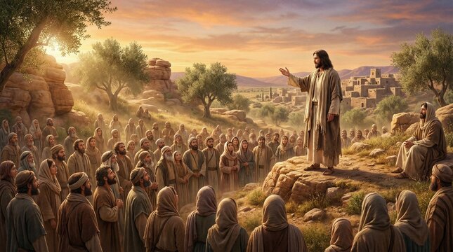 Jesus Christ preaching to a large crowd of followers in an ancient landscape at sunset, cinematic biblical illustration of the Sermon on the Mount.