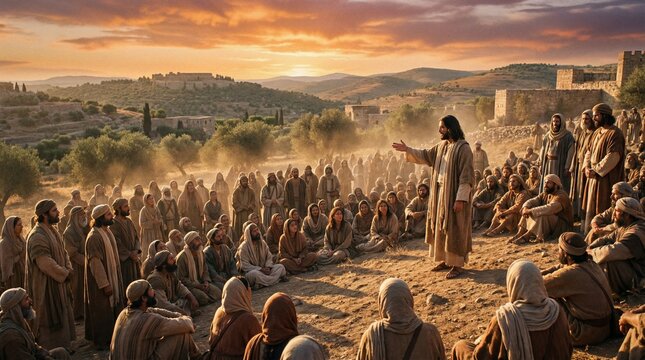 Jesus Christ preaching to a large crowd of followers in an ancient landscape at sunset, cinematic biblical illustration of the Sermon on the Mount.