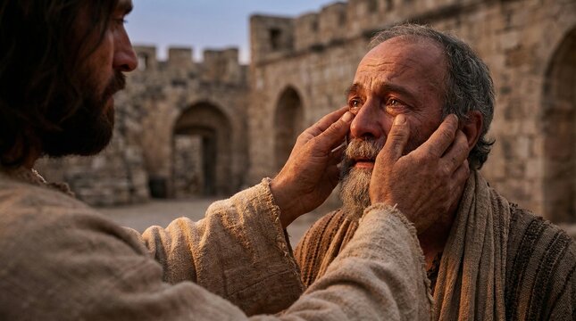 Cinematic biblical illustration of Jesus Christ healing a blind man, touching his face with compassion in an ancient city at sunset.