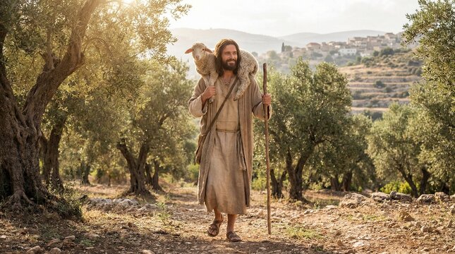 Jesus Christ as the Good Shepherd carrying a lamb on his shoulders and holding a staff, walking through a sunny olive grove, biblical illustration.