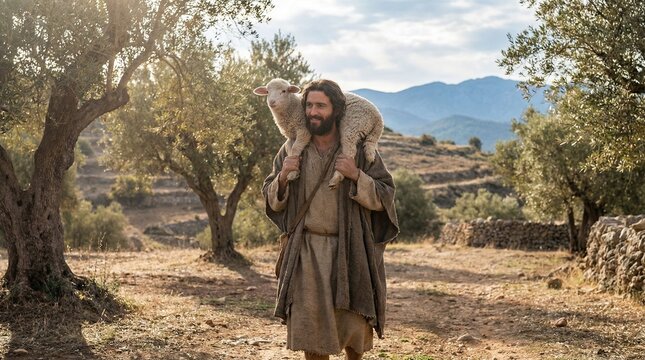 Jesus Christ as the Good Shepherd carrying a white lamb on his shoulders through an olive grove, cinematic biblical illustration of compassion and care.