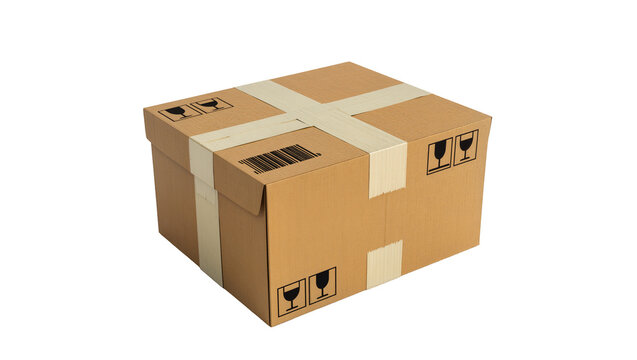 Brown cardboard shipping box sealed with packing tape and fragile symbols