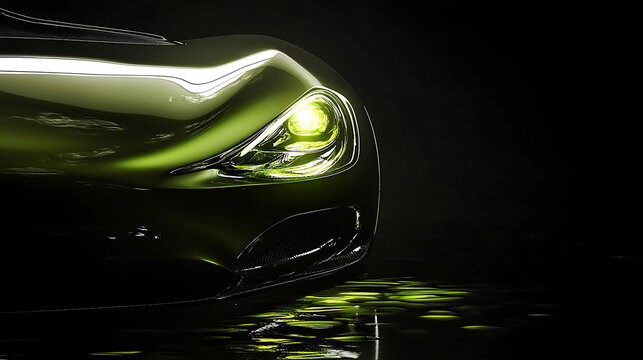 Futuristic car front angle with headlight glowing like polished chrysoberyl under softbox light 